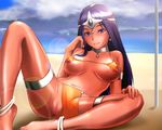  asaki_yuki beach bikini bottomless breasts censored circlet come_hither covered_nipples dark_skin day dragon_quest dragon_quest_iv large_breasts loincloth long_hair manya mosaic_censoring outdoors pelvic_curtain purple_eyes purple_hair solo spread_legs swimsuit 