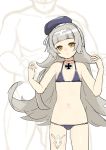  azur_lane bangs bare_arms bare_shoulders bikini blunt_bangs choker cowboy_shot eyelashes flat_chest grey_hair hands_up hat head_tilt highres iron_cross jewelry long_hair looking_at_viewer nezuko parted_lips purple_bikini purple_hat ring solo standing swimsuit tareme tattoo very_long_hair wedding_band yellow_eyes z46_(azur_lane) 