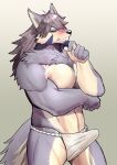  anthro asian_clothing blush canid canine canis clothed clothing east_asian_clothing embarrassed erection erection_under_clothing fundoshi fur grey_body grey_fur hair japanese_clothing long_hair male mammal muscular muscular_anthro muscular_male pecs ryuulabo solo temujin tokyo_afterschool_summoners underwear video_games wolf 