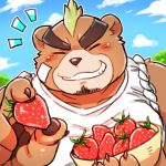  anthro ashigara blush clawed_fingers eyebrows feeding first_person_view food fruit green_hair grin hair hiryuuuuuuuuu male mammal mohawk musclegut plant smile strawberry stubble thick_eyebrows tokyo_afterschool_summoners ursid video_games 