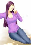  1girl arms_up barefoot breasts denim fire_emblem fire_emblem_echoes:_shadows_of_valentia hair_ornament igni_tion jeans large_breasts long_hair long_sleeves looking_at_viewer open_mouth pants parted_lips purple_eyes purple_hair purple_sweater ribbed_sweater sitting smile solo sonya_(fire_emblem) sweater teeth upper_body v 