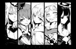  5girls angry_num bangs breasts cleavage cleavage_cutout clothing_cutout column_lineup earrings feather_earrings feathers flat_chest gawr_gura greyscale hair_flaps hair_ornament highres holding hololive hololive_english holomyth jewelry long_hair looking_ahead looking_to_the_side looking_up mole mole_under_eye monochrome monocle_hair_ornament mori_calliope multiple_girls ninomae_ina&#039;nis open_mouth revision takanashi_kiara tentacle_hair tiara two_side_up virtual_youtuber watson_amelia 