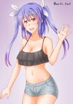  1girl alternate_costume anti_(untea9) blue_hair breasts casual cleavage collarbone commentary_request cowboy_shot crop_top gradient gradient_background grey_shorts hair_ribbon highres i-19_(kancolle) kantai_collection large_breasts long_hair midriff purple_background red_eyes ribbon short_shorts shorts solo star-shaped_pupils star_(symbol) symbol-shaped_pupils tri_tails twitter_username waving 