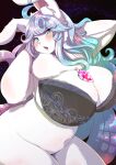  2021 absurd_res ahoge anthro big_breasts blue_eyes blue_hair blush bottomless bra breasts clothed clothing curvy_figure cute_fangs female fluffy fur hair hi_res huge_breasts inner_ear_fluff jewelry kemono lagomorph leporid long_hair looking_at_viewer mammal navel neck_tuft necklace open_mouth portrait rabbit shikibetsuko solo three-quarter_portrait tongue tuft underwear voluptuous white_body white_fur 