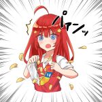  1girl :o ^^^ ahoge akino_ell bag_of_chips bangs blue_eyes blush chips collared_shirt cropped_torso emphasis_lines eyebrows_visible_through_hair food go-toubun_no_hanayome hair_between_eyes hair_ornament long_hair nakano_itsuki open_mouth potato_chips red_hair shirt short_sleeves simple_background solo star_(symbol) star_hair_ornament sweater_vest upper_body v-shaped_eyebrows white_background white_shirt 