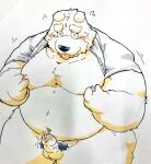  2021 anthro balls belly black_nose blush canid canine canis domestic_dog erection genitals hi_res humanoid_genitalia humanoid_hands humanoid_penis kemono male mammal moobs nipples overweight overweight_anthro overweight_male penis solo suishou0602 tongue tongue_out 