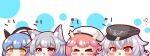  &gt;_&lt; 4girls :d absurdres azur_lane bangs beret blue_eyes blue_hair blush brown_eyes character_request chibi closed_eyes eyebrows_visible_through_hair fang gascogne_(azur_lane) graf_zeppelin_(azur_lane) grey_hair grey_headwear hair_between_eyes hand_up hands_up hat headgear highres horns kurukurumagical multiple_girls open_mouth peaked_cap pink_hair red_eyes ryuujou_(azur_lane) smile translation_request white_background white_headwear xd 