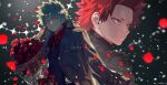  2boys artist_name backlighting bakugou_katsuki blonde_hair boku_no_hero_academia bouquet bow collared_shirt flower formal glowing glowing_eyes hair_slicked_back highres holding holding_bouquet jacket jacket_on_shoulders kirishima_eijirou light_smile looking_down looking_to_the_side male_focus multiple_boys necktie newspaper official_alternate_costume petals portrait red_eyes red_hair red_shirt rose scar scar_on_face serious shirt shoco_(sco_labo) short_eyebrows short_hair sparkle spiked_hair suit trench_coat upper_body vest wind 