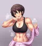  1girl :d abs bangs bare_shoulders black_sports_bra blush bodysuit breasts brown_hair cleavage collarbone commentary_request cowboy_shot eyebrows_visible_through_hair greenteamousou grey_background groin hair_between_eyes hand_on_own_cheek hand_on_own_face head_tilt highres idolmaster idolmaster_cinderella_girls looking_at_viewer midriff muscular muscular_female navel off_shoulder oikawa_shizuku open_mouth pink_bodysuit short_hair sidelocks simple_background smile solo sports_bra standing steam sweat taut_clothes yellow_eyes 