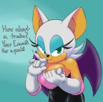  2020 absurd_res anthro bedroom_eyes blue_background breasts chiropteran cleavage clothed clothing dialogue english_text female four-pundo gloves half-length_portrait handwear hi_res mammal narrowed_eyes portrait rouge_the_bat seductive simple_background solo sonic_the_hedgehog_(series) talking_to_viewer teasing text 