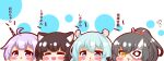  4girls :d absurdres ahoge akatsuki_(azur_lane) animal_ear_fluff animal_ears azur_lane bangs black_hair blue_eyes blue_hair blush brown_eyes cat_ears character_request chibi closed_eyes eyebrows_visible_through_hair hair_between_eyes half_mask hand_up hands_up high_ponytail highres kurukurumagical mikazuki_(azur_lane) multiple_girls open_mouth ponytail purple_eyes purple_hair smile translation_request unicorn_(azur_lane) white_background 