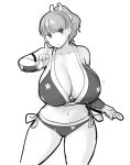  1girl arm_guards bikini bouncing_breasts breasts cleavage cosplay cosplay_request erkaz floral_print highres holding holding_weapon huge_breasts kunai looking_at_viewer monochrome original ponytail rina_atherina short_hair side-tie_bikini sketch standing swimsuit weapon white_background 