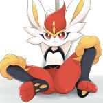  1:1 ambiguous_gender anthro arms_tied bound butt cinderace feet fur hi_res lagomorph looking_at_viewer mammal multicolored_body nintendo pok&eacute;mon pok&eacute;mon_(species) prrrrrrmine red_body red_eyes red_fur rope shadow simple_background solo spread_legs spreading two_tone_body video_games white_background white_body 