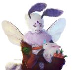  2021 absurd_res anthro arthropod bee breasts carrot clothed clothing digital_media_(artwork) duo eating feeding female feral fluffy fluffy_tail food fur hi_res holding_character holding_food holding_object horn hymenopteran insect insect_wings lagomorph leporid mammal multi_limb non-mammal_breasts plant rabbit smile standing toony vegetable wanderertamplior white_body white_fur wings 
