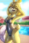  animal_crossing anthro breasts butt canid canine canis clothed clothing domestic_dog female fur hair isabelle_(animal_crossing) mammal navel nintendo one-piece_swimsuit open_mouth shad0w-galaxy solo swimming_pool swimwear video_games wet wet_body wet_clothing yellow_body yellow_fur 