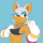  2020 anthro blue_background bodily_fluids bra bra_pull breasts chiropteran cleavage clothed clothing clothing_pull exhausted female four-pundo gloves half-length_portrait handwear heat_(temperature) hi_res mammal overheated portrait rouge_the_bat simple_background solo sonic_the_hedgehog_(series) sports_bra sweat sweaty_breasts sweaty_face underwear underwear_pull 
