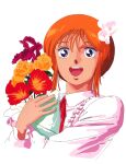  1980s_(style) 1girl blue_eyes bouquet elpeo_puru flower gundam gundam_zz hair_flower hair_ornament holding holding_bouquet official_art onda_naoyuki open_mouth orange_hair retro_artstyle short_hair simple_background solo upper_body upper_teeth white_background 