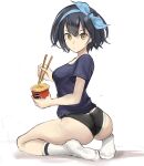  1girl alice_(sinoalice) ass black_hair breasts brown_eyes chopsticks commentary cup_ramen from_behind highres looking_at_viewer looking_back medium_breasts rakeemspoon short_hair short_shorts shorts simple_background sinoalice socks solo white_background white_legwear 
