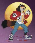  absurd_res anthro canid canine clothed clothing fully_clothed fur hi_res male mammal multicolored_body multicolored_fur shoe_burst snarling solo species_change torn_clothing transformation were werecanid werecanine wolfexorcistx 