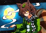  1girl animal_ears bangs black_border border brown_hair checkered checkered_scarf closed_mouth eyebrows_visible_through_hair full_moon futatsuiwa_mamizou glasses green_sleeves green_sweatshirt hair_between_eyes hand_up leaf leaf_on_head long_sleeves looking_at_viewer moon night night_sky one_eye_closed pom_poms qqqrinkappp scarf short_hair sitting sky smile smoke solo tail touhou traditional_media yellow_eyes yellow_moon 