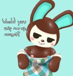  2020 animal_crossing anthro breasts brown_body carmen_(animal_crossing) clothed clothing dialogue dress english_text female four-pundo grin half-length_portrait hi_res lagomorph leporid mammal nintendo nipples partially_clothed portrait rabbit smile solo talking_to_viewer text tooth_gap video_games 