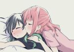  2girls bangs bed black_hair blunt_bangs blush cheek_kiss couple gradient_hair green_hair hair_between_eyes half_updo highlights kiss kiss_day love_live! love_live!_nijigasaki_high_school_idol_club lying lying_on_person medium_hair multicolored_hair multiple_girls orange_hair pajamas pink_hair pink_pajamas sansensui sleeping sleepwear swept_bangs takasaki_yuu two-tone_hair uehara_ayumu yuri 