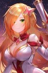  1girl artist_name bangs bare_shoulders blonde_hair breasts cleavage eyebrows_visible_through_hair gradient gradient_background green_eyes gun hair_ornament hair_over_one_eye highres holding holding_gun holding_weapon large_breasts league_of_legends long_hair long_sleeves magical_girl miss_fortune_(league_of_legends) neck_ribbon red_hair red_ribbon ribbon shrimp_cake smile solo star_(symbol) star_guardian_(league_of_legends) star_guardian_miss_fortune starry_background watermark weapon 