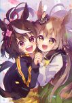  2girls :d animal_ears bangs black_jacket black_sailor_collar blush braid brown_eyes brown_hair commentary_request confetti ech eyebrows_visible_through_hair green_skirt hair_between_eyes hand_up highres holding_hands horse_ears horse_girl horse_tail interlocked_fingers jacket kitasan_black long_hair looking_at_viewer multicolored_hair multiple_girls open_clothes open_jacket open_mouth sailor_collar satono_diamond shirt short_shorts shorts skirt smile streaked_hair tail tears teeth umamusume upper_teeth v-shaped_eyebrows very_long_hair white_hair white_shirt yellow_shorts 