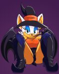  2019 absurd_res anthro bedroom_eyes boots breasts chiropteran clothed clothing female footwear four-pundo front_view full-length_portrait hat headgear headwear hi_res looking_at_viewer mammal narrowed_eyes orange_clothing orange_topwear portrait rouge_the_bat seductive sitting solo sonic_the_hedgehog_(series) topwear witch_costume witch_hat yellow_body 