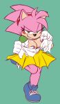  2019 5_fingers amy_rose anthro black_nose bottomwear breasts classic_amy_rose classic_sonic_(universe) clothing eulipotyphlan female fingers footwear four-pundo full-length_portrait green_eyes grin half-closed_eyes hedgehog hi_res looking_at_viewer mammal narrowed_eyes naughty_face nipples on_one_leg pink_body portrait rosy_the_rascal_(archie) shirt shoes skirt smile solo sonic_the_hedgehog_(series) standing tearing_clothing topwear torn_clothing white_clothing white_shirt white_topwear yellow_bottomwear yellow_clothing yellow_skirt 
