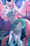 2021 anthro biped bottomwear brand_new_animal breasts canid canine clothed clothing concert digital_media_(artwork) female fox fur hair idol inner_ear_fluff legwear long_hair looking_at_viewer low-angle_view mammal microphone miniskirt multicolored_hair navel nazuna_hiwatashi pink_body pink_fur pink_hair raised_bottomwear raised_clothing raised_skirt red_eyes shirt skeleion skirt smile solo stockings studio_trigger thigh_highs topwear tuft two_tone_hair watermark white_body white_fur wings 