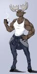  absurd_res anthro antlers biceps capreoline cervid clothed clothing coveralls cup denim father_hill hand_on_hip hi_res hooves horn male mammal moose muscular muscular_anthro muscular_male shirt solo tank_top topwear 