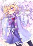  1girl blonde_hair blush bow bowtie dated doyagao dress earmuffs eyebrows_visible_through_hair frilled_dress frills hand_warmer hat jacket long_hair looking_at_viewer maribel_hearn mob_cap one_eye_closed pantyhose purple_dress purple_eyes purple_jacket red_neckwear sash scarf smile smug sound_effects speed_lines striped striped_scarf teruteruyohou touhou winter_uniform 