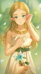  1girl absurdres adjusting_hair bare_shoulders belt blonde_hair blurry blurry_background breasts collarbone dress english_commentary flower green_eyes hair_behind_ear highres jewelry long_hair looking_at_viewer necklace petals pointy_ears pov princess_zelda smile solo_focus the_legend_of_zelda the_legend_of_zelda:_breath_of_the_wild tokkyu triforce_print white_dress white_flower 