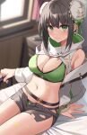  1girl absurdres bare_shoulders belt bikini black_hair black_shorts blurry breasts bun_cover cleavage depth_of_field fate/grand_order fate_(series) green_bikini green_eyes high_collar highres indoors jacket large_breasts long_sleeves looking_at_viewer midriff navel off_shoulder open_clothes open_fly open_jacket qin_liangyu_(fate) short_hair short_shorts shorts side_slit sidelocks sitting solo stomach suiroh_(shideoukami) swimsuit thighs torn_clothes torn_shorts white_jacket 