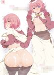  1girl acolyte_(ragnarok_online) ass bangs biretta blush breasts brown_legwear brown_shirt capelet censored clothes_lift commentary_request cum cum_on_ass eyebrows_visible_through_hair hair_between_eyes looking_at_viewer maru_(sasayama_chikage) medium_breasts mosaic_censoring multiple_views nipples pantyhose penis pink_hair purple_eyes ragnarok_online shirt shirt_lift short_hair skirt white_capelet white_skirt 