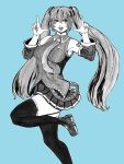  1girl bangs blue_background blush breasts commentary detached_sleeves eyebrows_visible_through_hair finger_frame foot_out_of_frame greyscale hair_between_eyes hair_ornament hatsune_miku highres imori_(46296895) leg_up long_hair looking_to_the_side medium_breasts monochrome necktie number open_mouth shirt shoes simple_background skirt sleeveless sleeveless_shirt smile solo thighhighs twintails very_long_hair vocaloid 