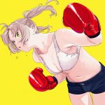  1girl alternate_costume antenna_hair blue_shorts boxing boxing_gloves bra breasts cleavage green_eyes grey_hair highres kantai_collection kinugasa_(kancolle) medium_breasts ojipon open_mouth short_shorts shorts simple_background solo sports_bra sweat twintails underwear white_bra yellow_background 
