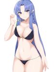  1girl 72_(mmmmkk) absurdres alternate_costume bare_shoulders bikini bikini_pull blue_eyes blue_hair blush braid breasts cleavage clothes_pull collarbone commentary_request fate/grand_order fate_(series) highres large_breasts long_hair medea_(fate) pointy_ears purple_bikini side_braid simple_background smile solo string_bikini swimsuit very_long_hair white_background 