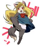  2011 3_toes 4_fingers akuma_gaoru anthro blonde_hair blue_clothing blue_dress canid canine canis clothing dress ear_tuft feet female fingers fur grey_body grey_fur hair japanese_text kemono long_hair looking_at_viewer makuro mammal open_mouth red_eyes solo teeth text toes tuft wolf 