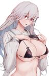  1girl azur_lane bikini bikini_top black_bikini breasts clothes_lift commentary_request dunkerque_(azur_lane) eyebrows_visible_through_hair grey_hair hair_ornament highres large_breasts long_hair long_sleeves looking_at_viewer marshall_k mouth_hold official_alternate_costume red_eyes school_uniform shirt_lift swimsuit upper_body 