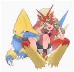  1girl bangs bike_shorts black_legwear blaziken blush brown_hair closed_eyes collared_shirt commentary_request gen_3_pokemon happy highres kikuyoshi_(tracco) long_hair manectric may_(pokemon) open_mouth pokemon pokemon_(creature) pokemon_(game) pokemon_rse red_bandana red_shirt shirt shoes short_sleeves signature skirt socks tongue upper_teeth white_background |d 