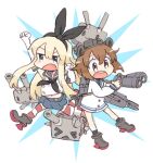  &gt;_&lt; 2girls arm_up bangs binoculars black_neckwear blonde_hair blue_sailor_collar blue_skirt brown_hair chibi dress elbow_gloves gloves hair_between_eyes hairband holding holding_binoculars kantai_collection long_hair mokeo multiple_girls neckerchief open_mouth rensouhou-chan rudder_footwear sailor_collar sailor_dress school_uniform serafuku shimakaze_(kancolle) short_hair simple_background skirt sleeveless striped striped_legwear thighhighs two-tone_background white_dress white_gloves yukikaze_(kancolle) 