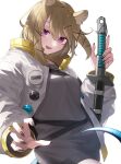  1girl :d animal_ear_fluff animal_ears arknights bangs fang geta_(epicure_no12) grey_shirt hair_between_eyes hair_ornament highres holding holding_sword holding_weapon jacket looking_ahead medium_hair open_clothes open_jacket open_mouth purple_eyes shirt skin_fang smile solo sword upper_body utage_(arknights) weapon white_background white_jacket 