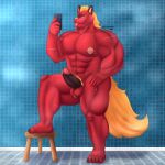  anthro big_muscles blonde_hair bodily_fluids canid canine canis erection fur hair hi_res huge_muscles male mammal muscular muscular_anthro muscular_male red_body red_fur rionmaro selfie solo steam sweat sweatdrop taking_picture tongue tongue_out wolf 