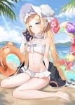  1girl abigail_williams_(fate) abigail_williams_(swimsuit_foreigner)_(fate) absurdres bangs bare_arms barefoot beach bikini black_cat black_jacket blonde_hair blue_eyes blue_sky blush bonnet bow bowtie cat fate/grand_order fate_(series) flat_chest forehead hair_bow highres huge_filesize innertube jacket kyo_(maae00) legs linea_alba long_hair miniskirt navel parted_bangs revision shore sidelocks sitting skirt sky swimsuit toes twintails very_long_hair wariza white_bikini white_bow white_headwear 