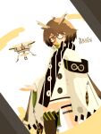  1girl arknights bangs brown_hair buttons commentary dated drone feather_hair glasses highres jacket long_sleeves looking_at_viewer namekuz1paint no_outlines open_hand orange_eyes rhine_lab_logo short_hair signature silence_(arknights) simple_background thighhighs 