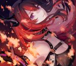  1girl arknights bangs bare_shoulders black_dress breasts commentary_request dress grin hair_intakes highres horns long_hair looking_at_viewer medium_breasts nomuraumu parted_lips partial_commentary purple_eyes red_hair sleeveless sleeveless_dress smile solo surtr_(arknights) upper_body 