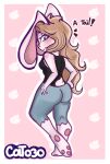  ! absurd_res angry anthro big_ears blonde_hair bottomwear butt cat_(cat_o3o) cat_o3o clothing exclamation_sign female hair hi_res lagomorph leporid mammal pink_background pink_body pink_nose rabbit scut_tail simple_background solo tail_fluff 
