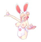  1girl animal_ears apron arm_up bangs bare_shoulders bell between_breasts breasts breasts_apart breasts_outside bunny_ears bunny_tail closed_eyes clothes_between_breasts cowboy_shot cropped_legs cupcake curvy double_bun eyebrows_visible_through_hair fiz_(fizintine) fizintine food hair_bell hair_bun hair_ornament highres holding huge_breasts naked_apron nipples open_mouth original pink_hair plate sidelocks simple_background smile swept_bangs tail thick_thighs thighs white_background 